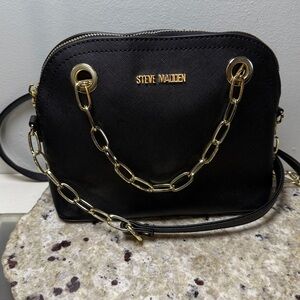Steve Madden Black BMaggie Dome Crossbody Vinyl Bag Gold Toned Chain Detail
